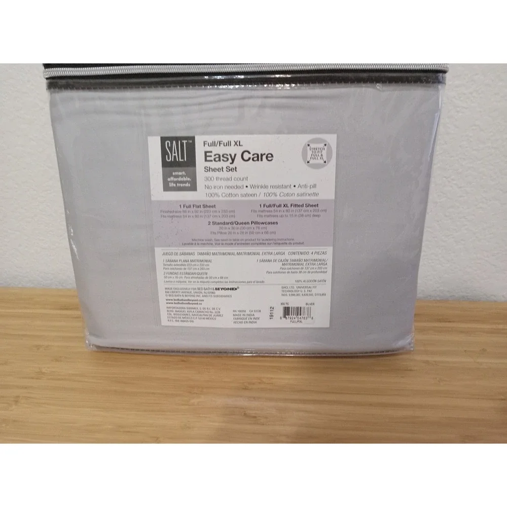 SALT Easy Care 300 TC 100% Cotton Sateen Sheet Set Full Full XL Silver 4pc New
